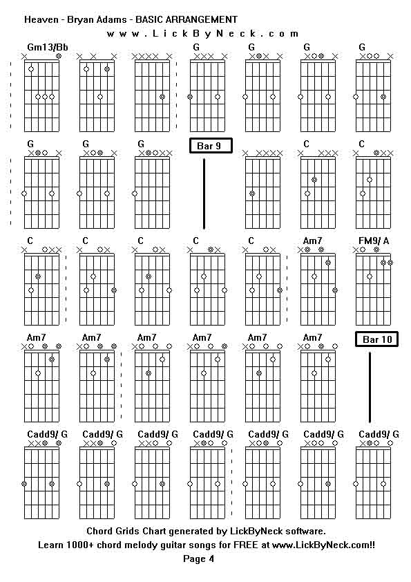 Chord Grids Chart of chord melody fingerstyle guitar song-Heaven - Bryan Adams - BASIC ARRANGEMENT,generated by LickByNeck software.